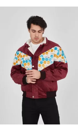 Erkek İçi Astarlı İçten Yaka Kısmı Peluşlu Beyaz Şeritli Vintage Ceket - Mürdüm