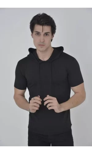Luz&Pos Erkek Kapşonlu Slim Fit T-shirt - Siyah