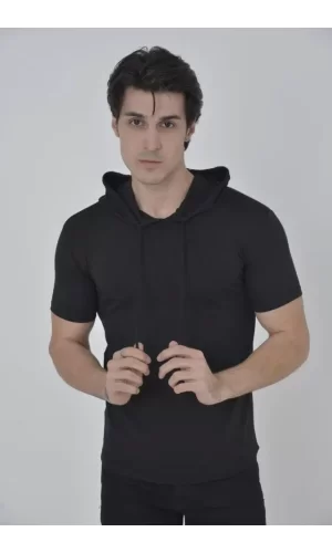 Erkek Kapşonlu Slim Fit T-shirt - Siyah