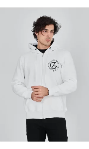 Luz&Pos Erkek Kapüşonlu Baskılı Fermuarlı Hırka - Beyaz