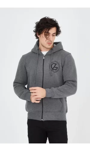 Erkek Kapüşonlu Baskılı Fermuarlı Hırka - Füme