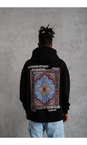 Erkek Kilim Desen Kapüşonlu - Siyah