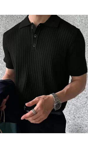 Erkek Kısa Kollu Yakalı Yakadan Düğmeli Triko Bluz