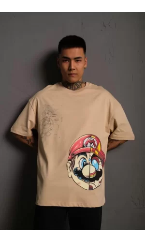 Luz&Pos Erkek Mario Baskılı Oversize T-shirt - Bej