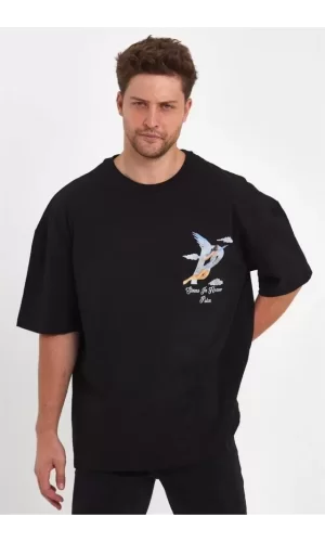 Erkek Melek Baskılı Oversize T-shirt - Siyah