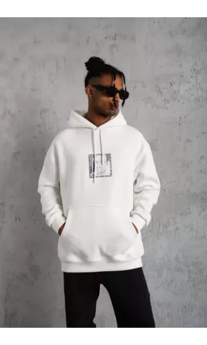 Erkek Ön Arka Baskılı Kapşonlu Sweat - Beyaz