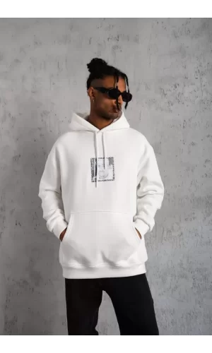 Luz&Pos Erkek Ön Arka Baskılı Kapşonlu Sweat - Beyaz