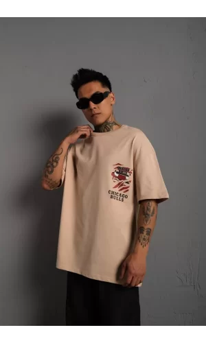 Luz&Pos Erkek Sırt Baskılı A Kalite Oversize T-shirt - Bej