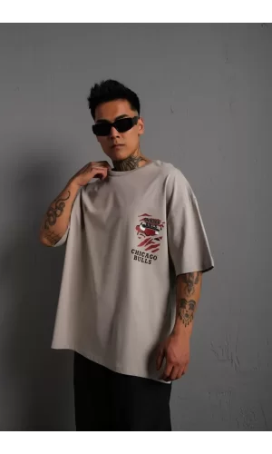 Luz&Pos Erkek Sırt Baskılı A Kalite Oversize T-shirt - Gri