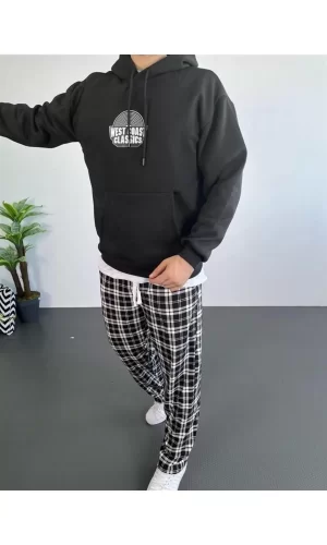Luz&Pos Erkek Sırt Baskılı Kapüşonlu Üç İplik Oversize Sweatshirt - Siyah
