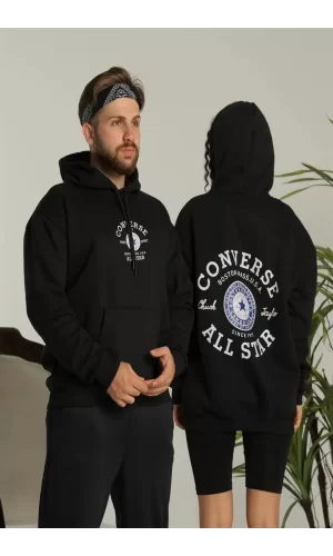 Luz&Pos Erkek Sırt Baskılı Oversize Üç İplik Kapüşonlu Hoodie Sweatshirt - Siyah