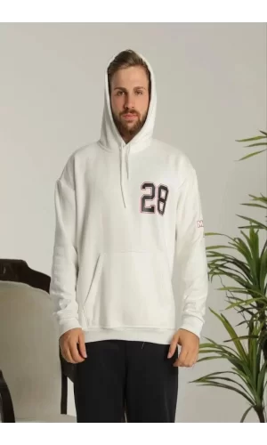 Luz&Pos Erkek Sırt Baskılı Oversize Üç İplik Kapüşonlu Sweatshirt - Beyaz