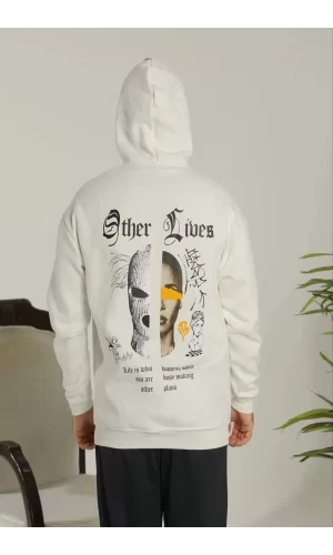 Luz&Pos Erkek Sırt Baskılı Oversize Üç İplik Kapüşonlu Sweatshirt - Beyaz