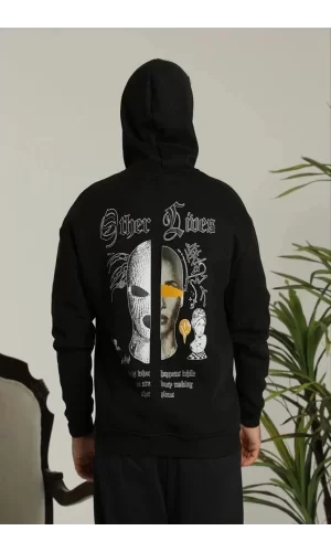 Luz&Pos Erkek Sırt Baskılı Oversize Üç İplik Kapüşonlu Sweatshirt - Siyah