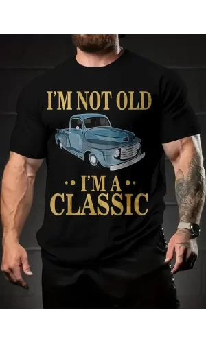 Luz&Pos Erkek Vintage Araba Grafik T-shirt - ben Yaşlı Değilim Ben Bir Klasiğim Esprili Baskı  Nefes Alabilir Kumaş, Günlük Yaz Ve Yıl Boyu Giyim İçin Oversize Kısa Kollu Tişört - Siyah