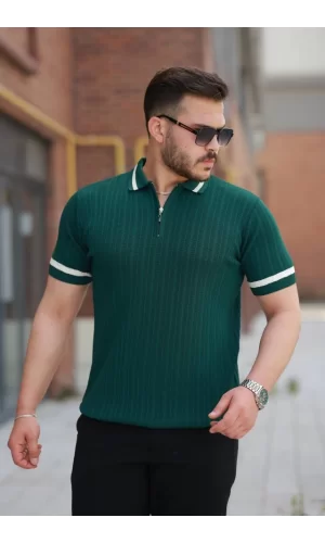 Erkek Yaka Ve Kolları çizgi Detaylı Fermuarlı Kısa Kollu T-shirt