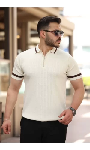 Erkek Yaka Ve Kolları çizgi Detaylı Fermuarlı Kısa Kollu T-shirt