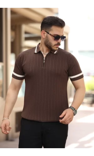 Erkek Yaka Ve Kolları çizgi Detaylı Fermuarlı Kısa Kollu T-shirt