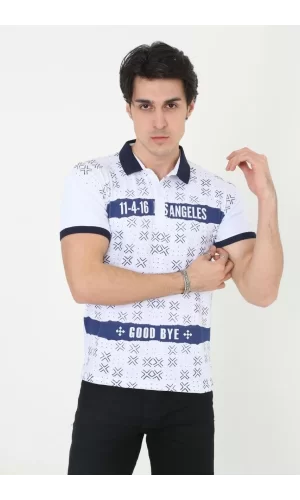 Luz&Pos Erkek Yakalı Slim Fit Baskılı T-shirt - Beyaz
