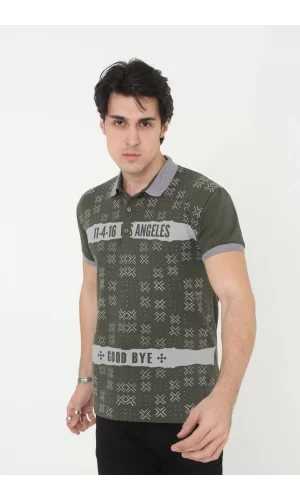 Luz&Pos Erkek Yakalı Slim Fit Baskılı T-shirt - Haki
