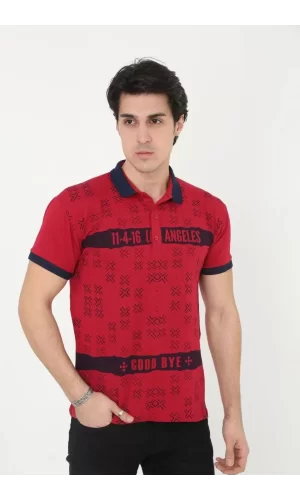 Luz&Pos Erkek Yakalı Slim Fit Baskılı T-shirt - Kırmızı