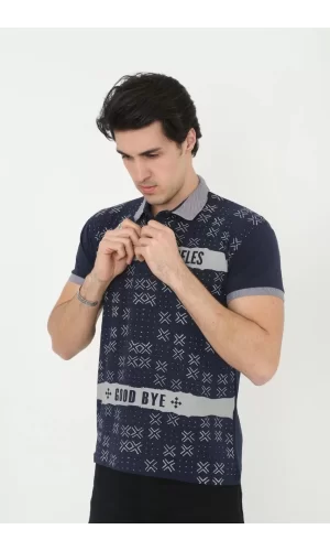 Luz&Pos Erkek Yakalı Slim Fit Baskılı T-shirt - Lacivert