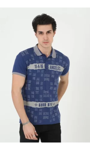 Erkek Yakalı Slim Fit Baskılı T-Shirt - Mavi