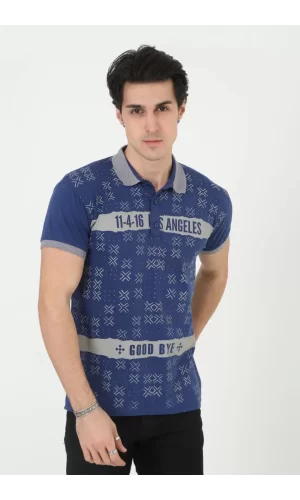 Luz&Pos Erkek Yakalı Slim Fit Baskılı T-shirt - Mavi