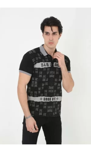 Erkek Yakalı Slim Fit Baskılı T-Shirt - Siyah