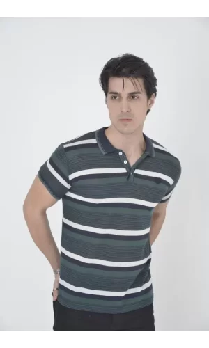 Erkek Yakalı Slim Fit Dokuma Çizgili T-Shirt - Haki