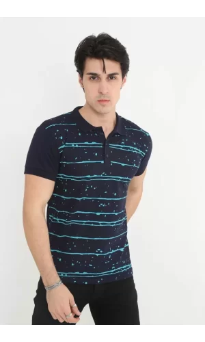 Luz&Pos Erkek Yakalı Slim Fit Pike Çizgili T-shirt - Lacivert