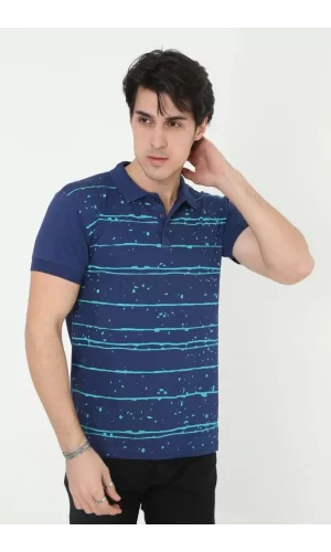 Luz&Pos Erkek Yakalı Slim Fit Pike Çizgili T-shirt - Mavi