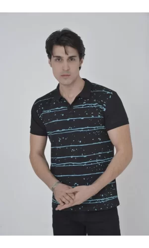 Luz&Pos Erkek Yakalı Slim Fit Pike Çizgili T-shirt - Siyah