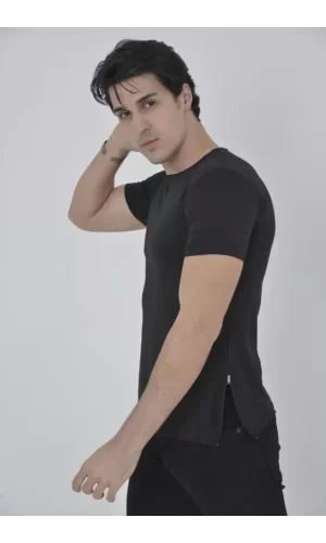 Erkek Yandan Fermuarli Slim Fit T-shirt - Siyah