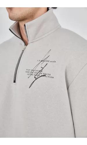 Erkek Yarım Fermuarlı Baskılı Sweat - Boyalı Gri