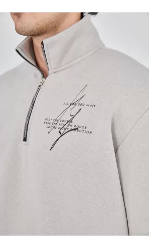 Luz&Pos Erkek Yarım Fermuarlı Baskılı Sweat - Boyalı Gri