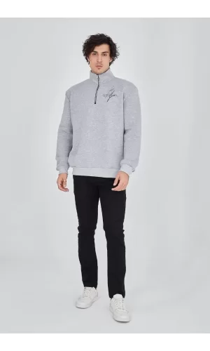 Luz&Pos Erkek Yarım Fermuarlı Baskılı Sweat - Gri