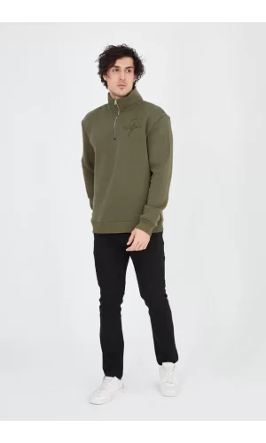 Luz&Pos Erkek Yarım Fermuarlı Baskılı Sweat - Yeşil