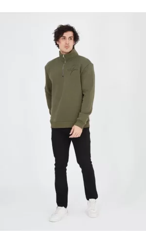 Erkek Yarım Fermuarlı Baskılı Sweat - Yeşil