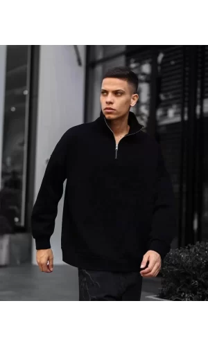 Luz&Pos Erkek Yarım Fermuarlı Üç İplik Sweatshirt - Siyah