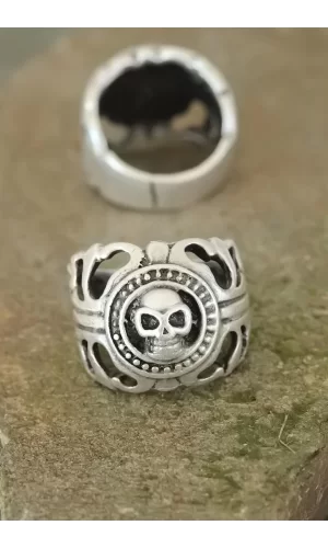 Eskitme Gümüş Renk Metal Kuru Kafa Tasarım Ayarlamalı Erkek Yüzük