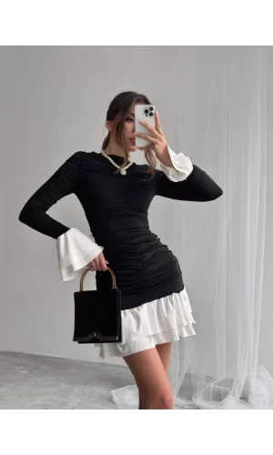 Fırfır Detaylı Drapeli Mini Elbise