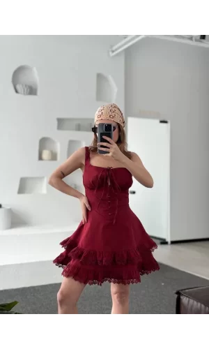Luz&Pos Fırfırlı Askılı Mini Elbise - Bordo