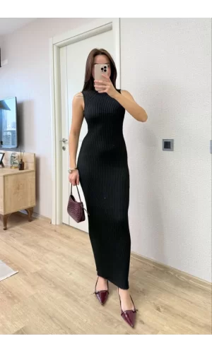 Luz&Pos Fitilli Triko Elbise Maxi Uzun Boy - Siyah