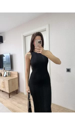 Luz&Pos Fitilli Triko Elbise Kolsuz Sırtı Kapalı Maxi Uzun Boy - Siyah
