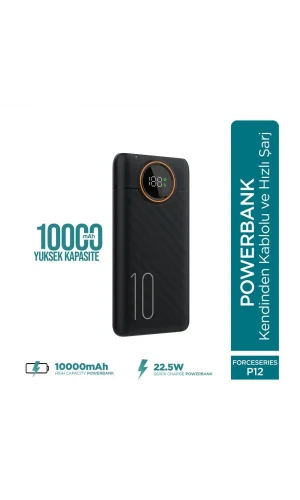 Force P12 10000mah 22.5w Hızlı Şarj Cihazı  - Fast Powerbank  - Dijital Ekran - Taşınabilir Şarj Cihazı