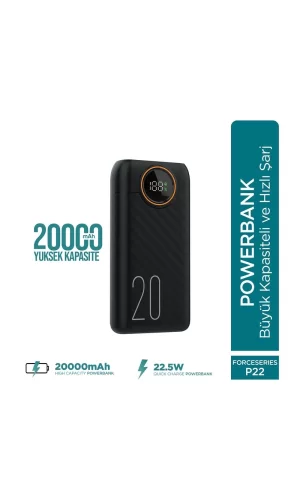 Force P22 20000mah 22.5w Hızlı Şarj Cihazı  - Fast Powerbank  - Dijital Ekran - Taşınabilir Şarj Cihazı