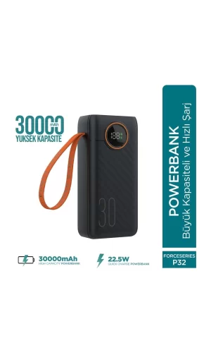 Force P32 30000mah 22.5w Hızlı Şarj Cihazı - Dahili Kablolu  - Fast Powerbank  - Dijital Ekran - Taşınabilir Şarj Cihazı