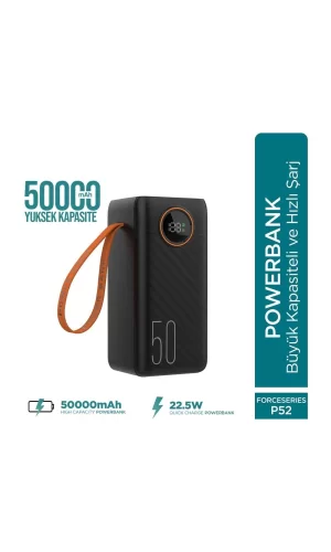 Force P52 50000mah 22.5w Hızlı Şarj Cihazı - Dahili Kablolu  - Fast Powerbank  - Dijital Ekran - Taşınabilir Şarj Cihazı