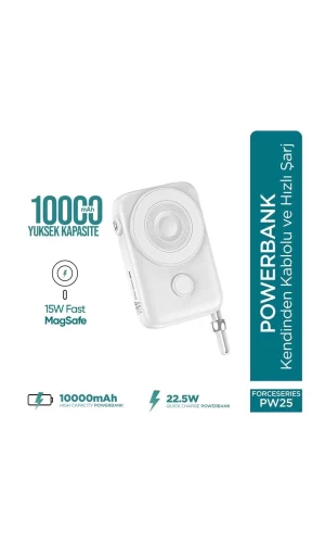 Force Pw25 10000mah 22.5w Kendinden Kablolu Magsafe Powerbank - Kablosuz Mini Şarj Cihazı - Dijital Ekran - Taşınabilir Şarj Cihazı